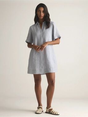NWT Quince 100% European Linen Popover Mini Dress Blue Pinstripe Small S